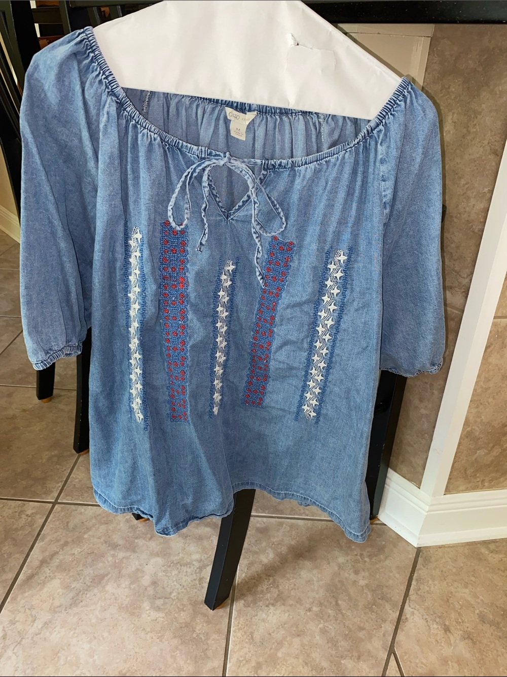 Cato Chambray Peasant Tunic with Red & White Embroidery